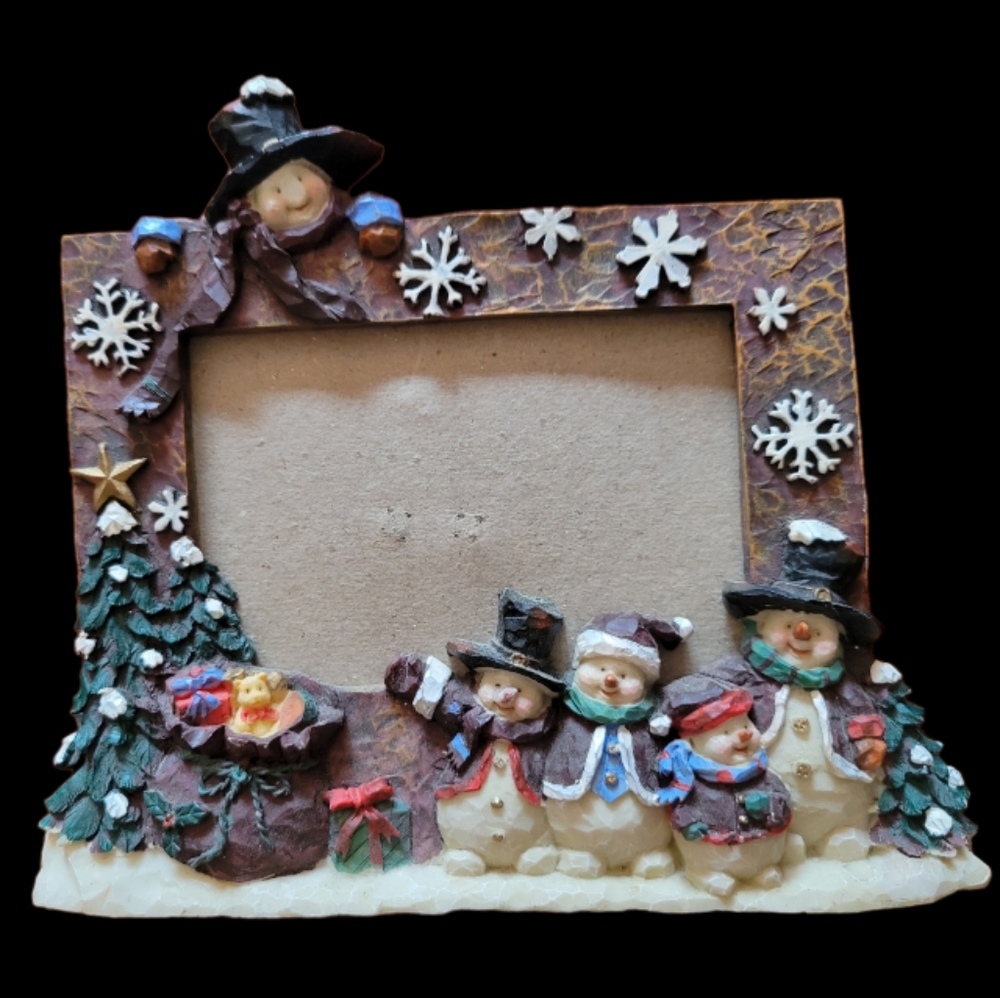 Vtg Snowman Christmas Frame Winter Sports Family